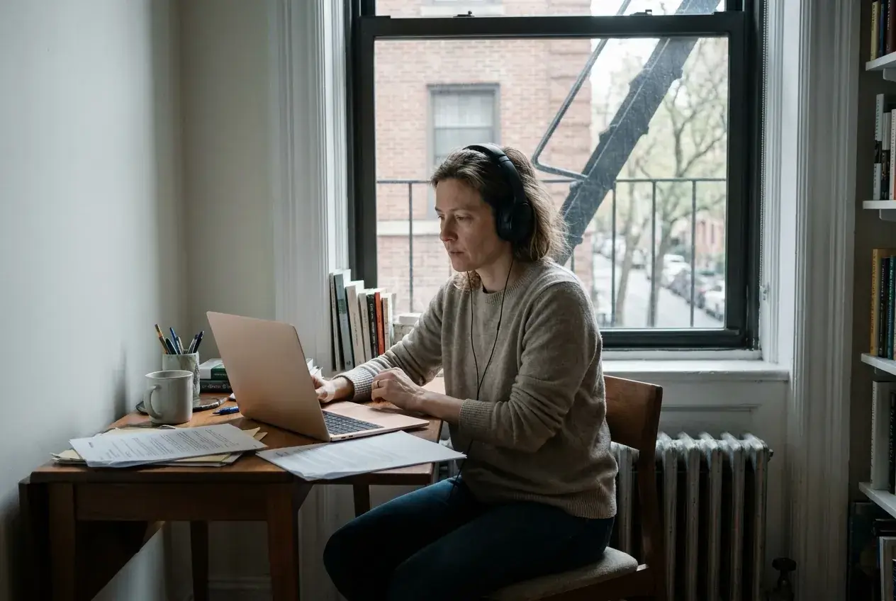 Woman with headphones on a video appointment at a small desk in the corner of her apartment