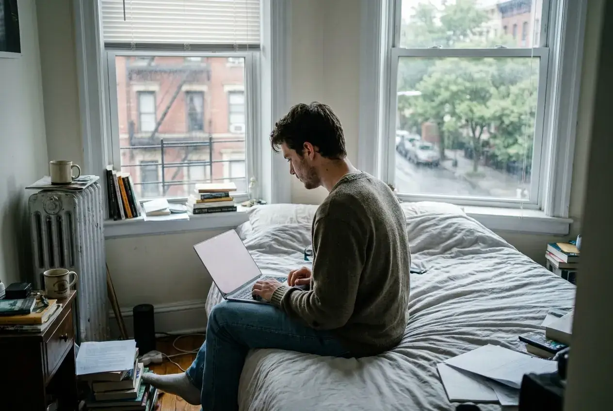 Young man sitting on his bed with a laptop for a video appointment, blinds half open