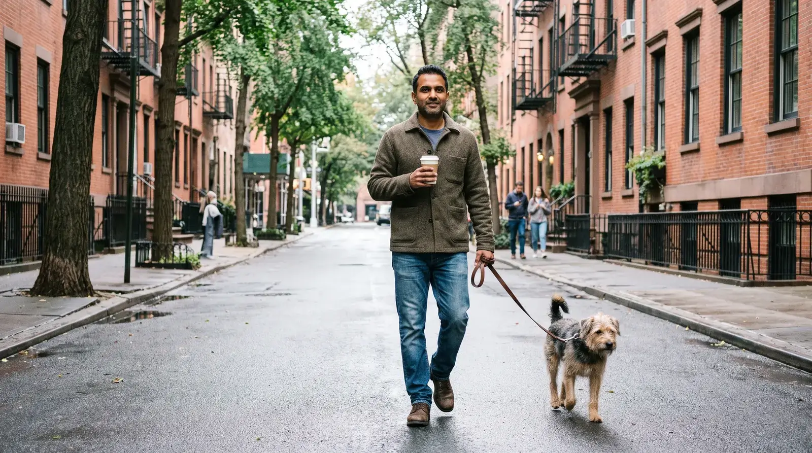 Man walking his dog down a tree-lined West Village street with a coffee on a calm morning