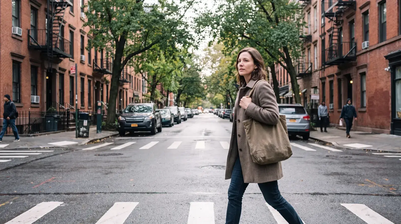 Woman with a canvas tote crossing a leafy Chelsea street in soft morning light