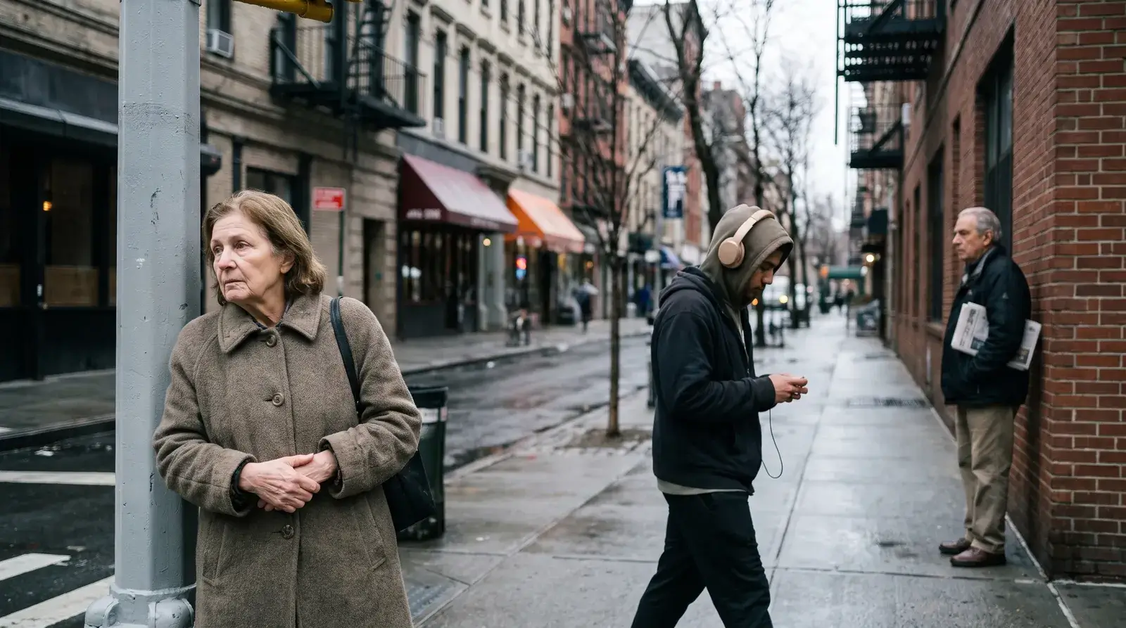 New York sidewalk in the morning with several people each lost in their own thoughts
