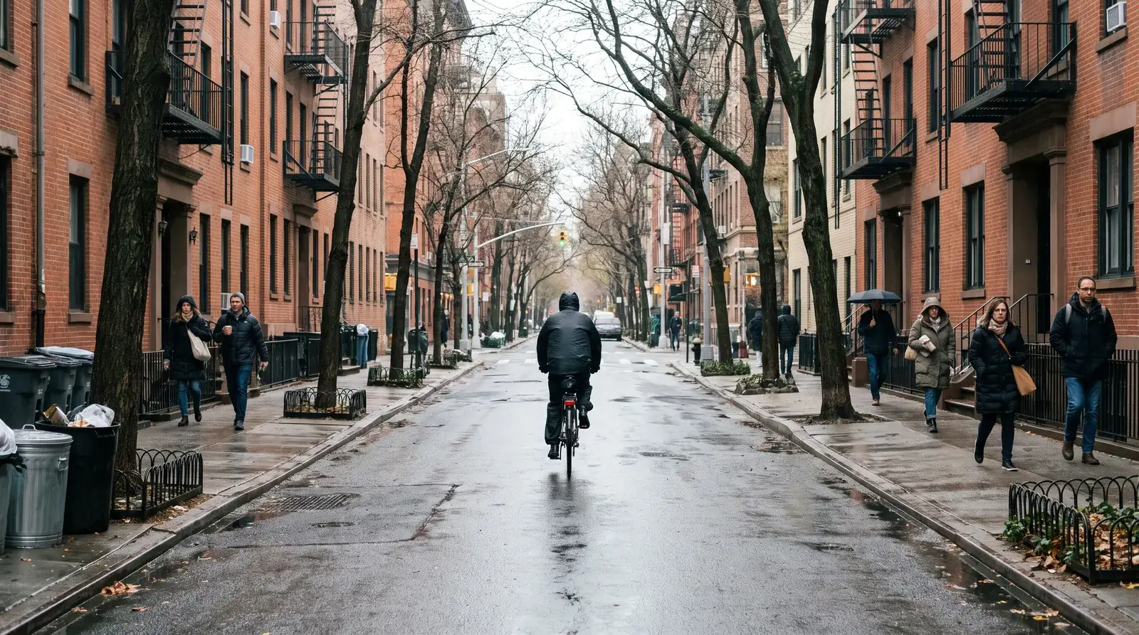 Tree-lined New York block after rain with a cyclist riding down the middle of the street