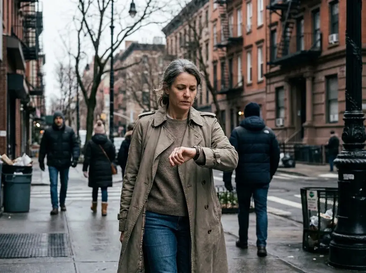 Woman in a trench coat checking her watch as she walks along a New York street