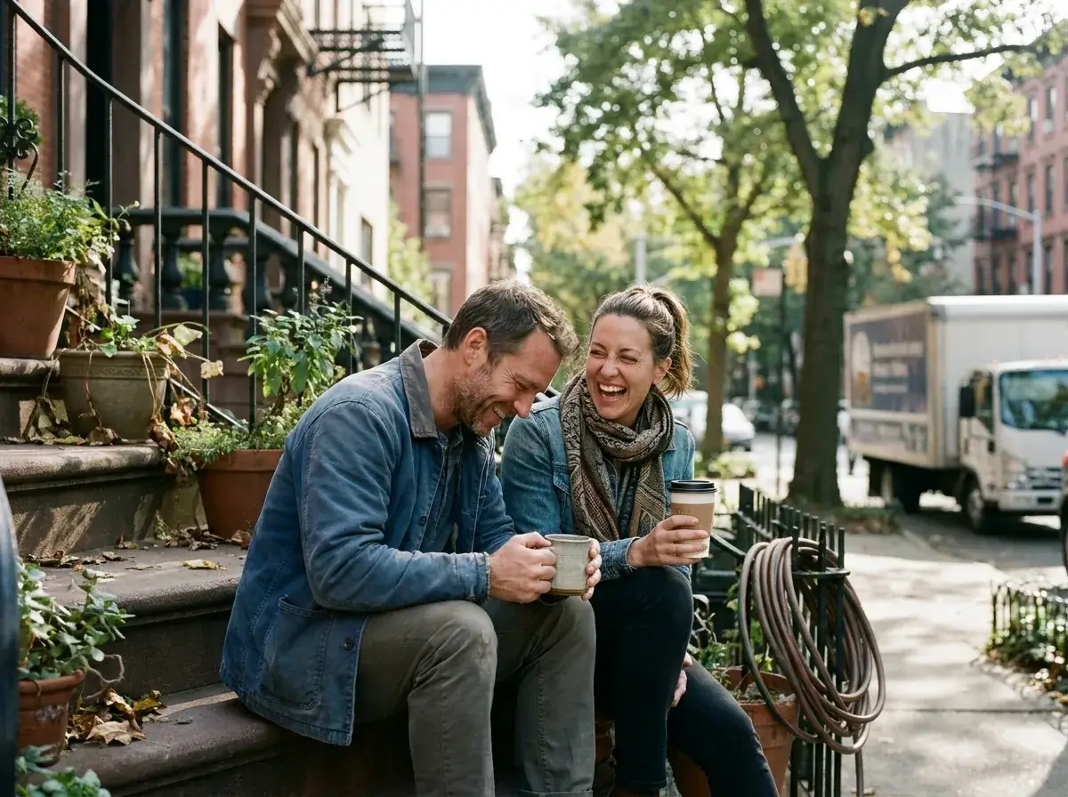 Two friends laughing together with coffee on a brownstone stoop on a sunny afternoon