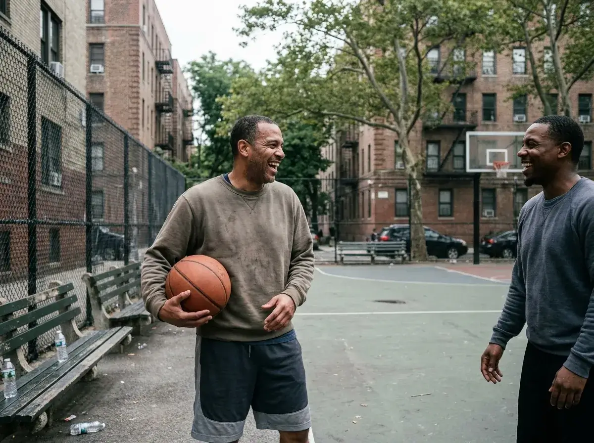 Two men laughing on a neighborhood basketball court on a Saturday morning