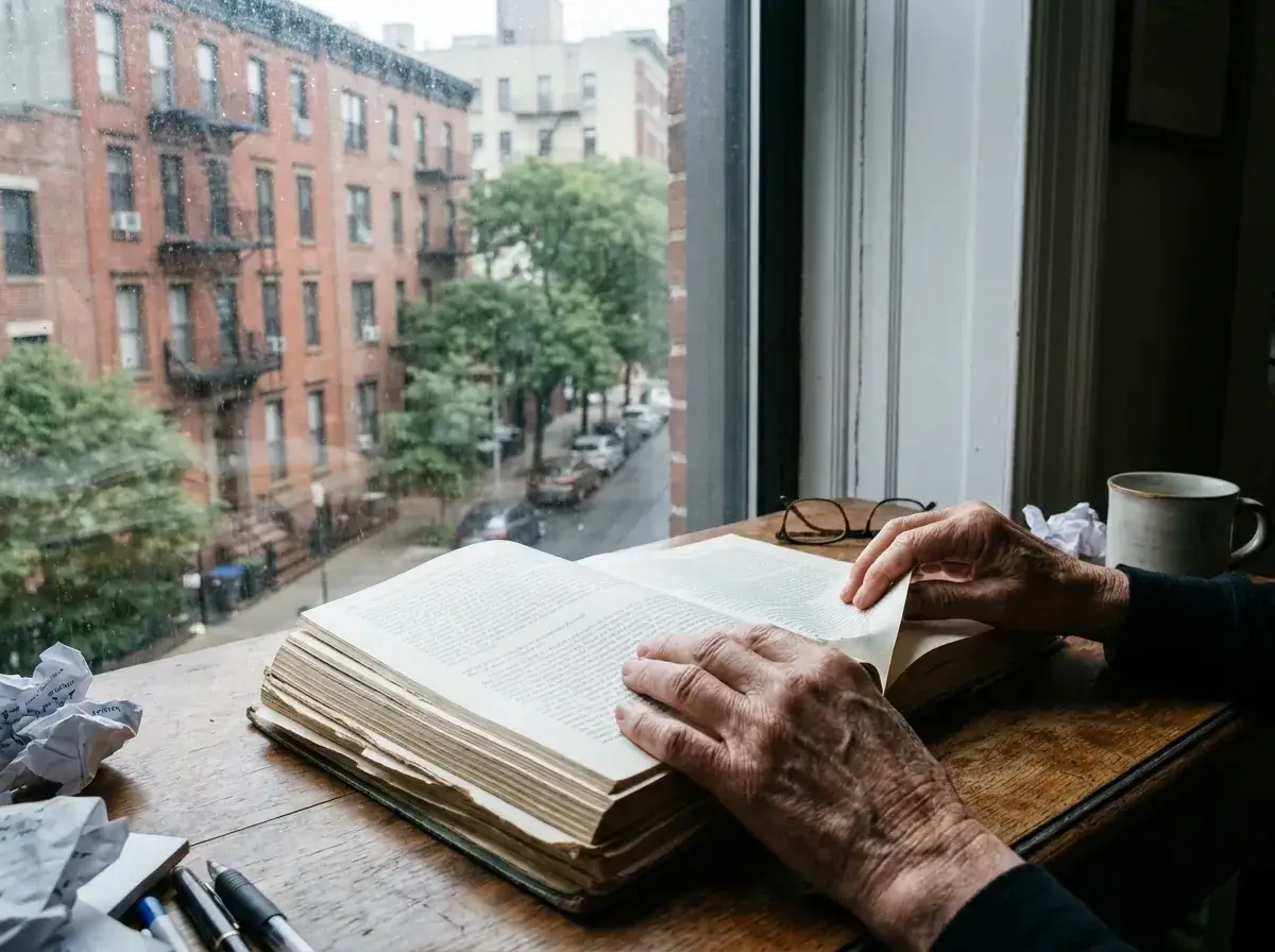 Older hands turning the pages of a thick book at a desk by a rainy apartment window
