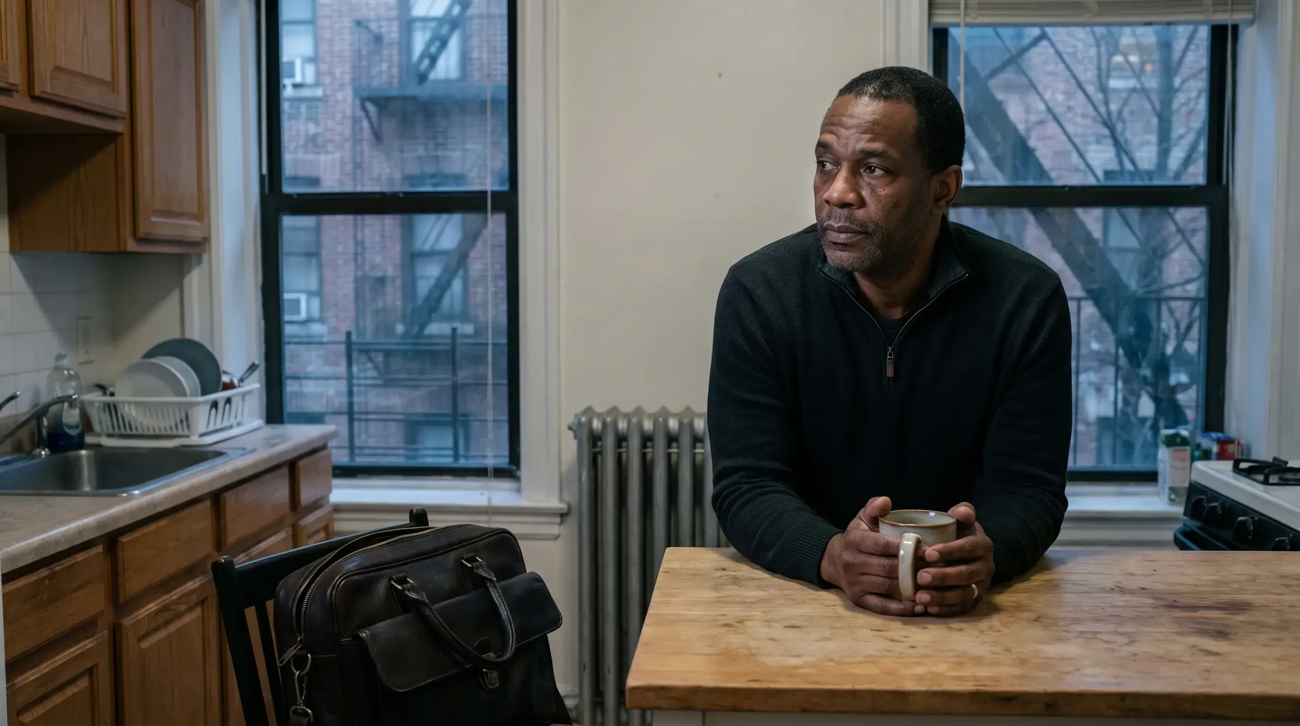 Man in a black quarter-zip leaning on his kitchen table with a mug, work bag packed on the chair