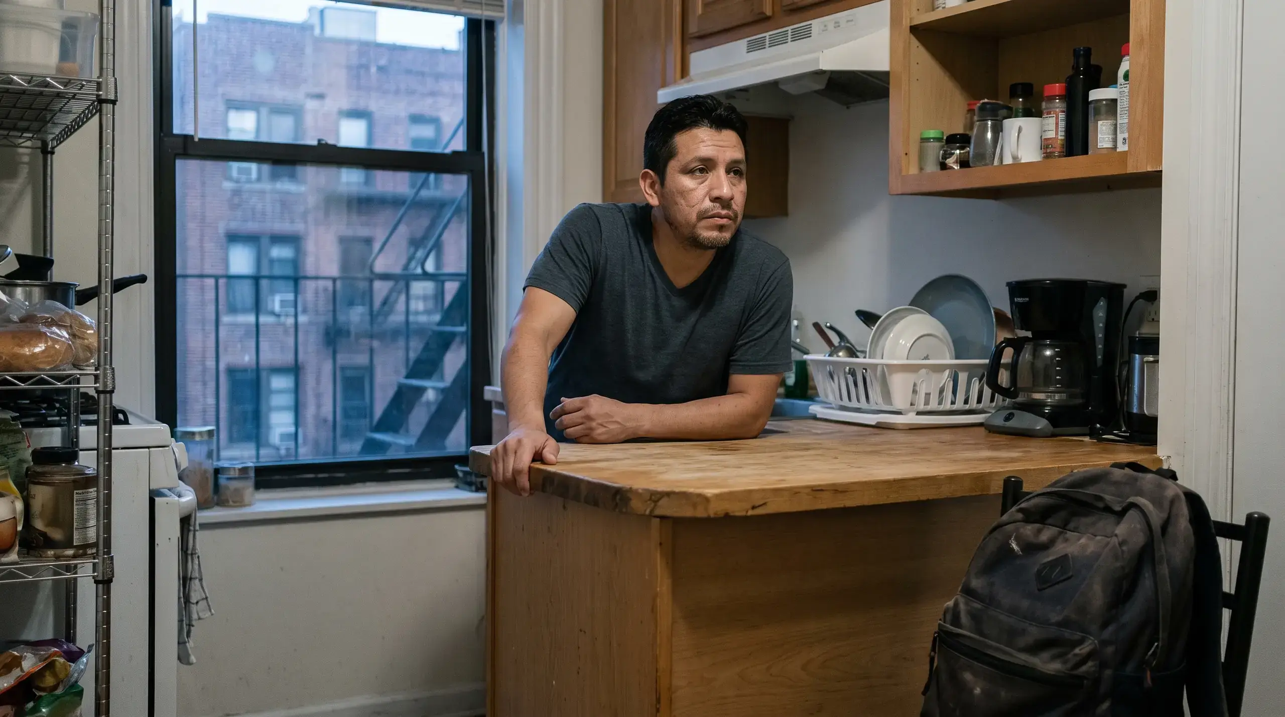 Man leaning on his kitchen counter in the evening, steadying himself, a backpack on a chair nearby