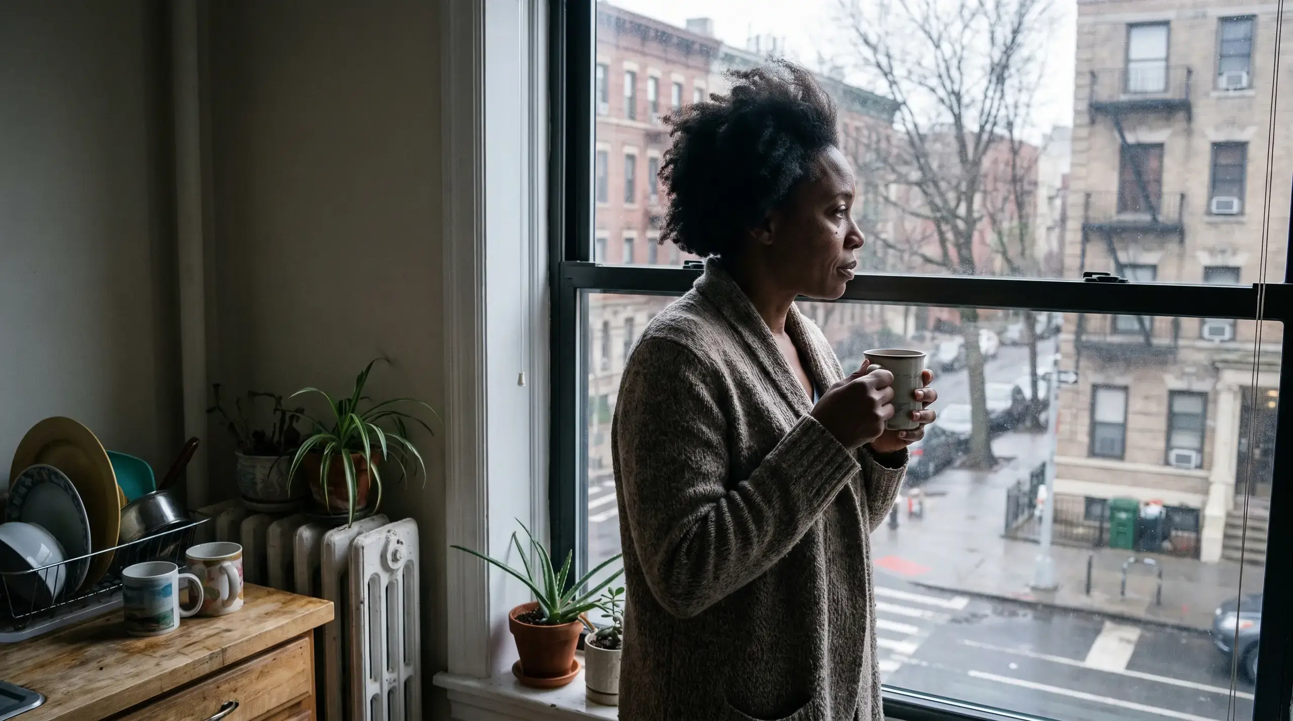 Woman in a cardigan holding a mug at her apartment window, looking out at a rainy New York street
