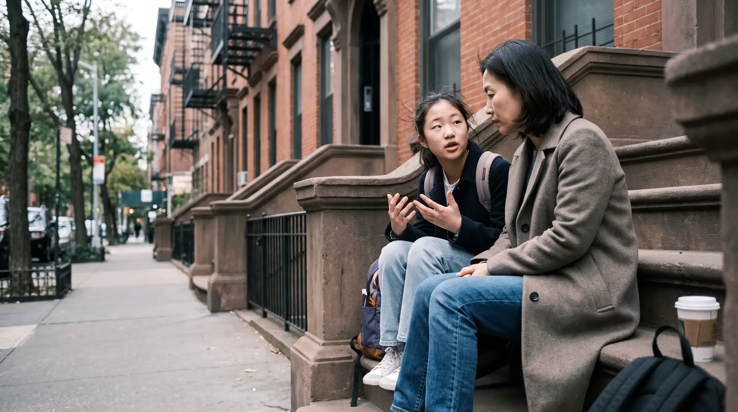 Mother and teenage daughter talking closely on a brownstone stoop after school
