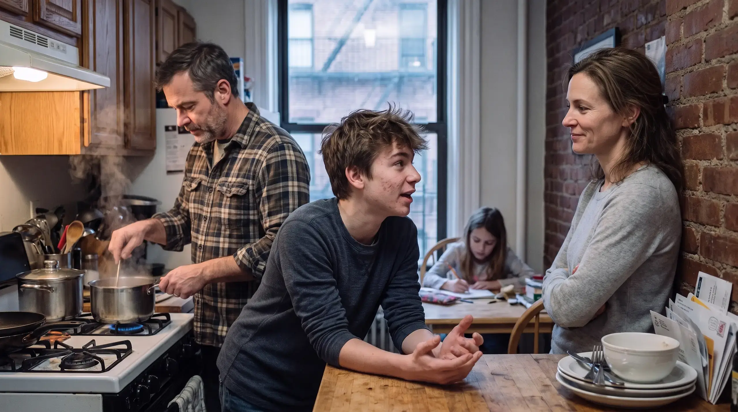 Family in a New York apartment kitchen at dinnertime, a teenager talking while his father cooks