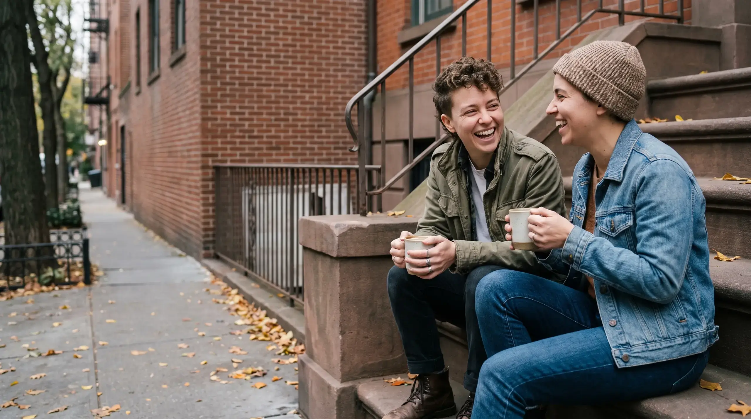 Two friends laughing over coffee on a brownstone stoop in early autumn