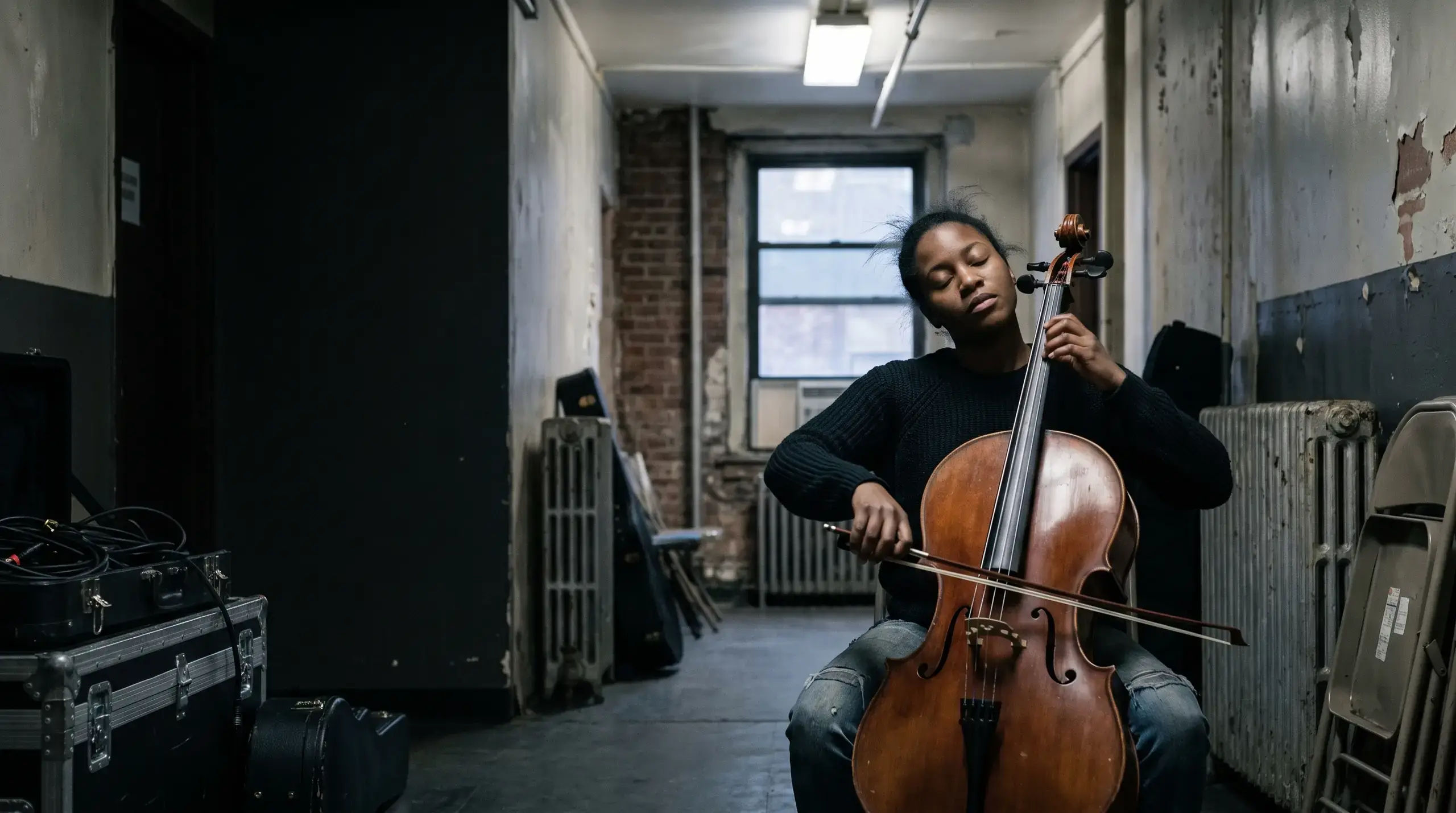 Cellist warming up alone with her eyes closed in a dim backstage corridor before a performance