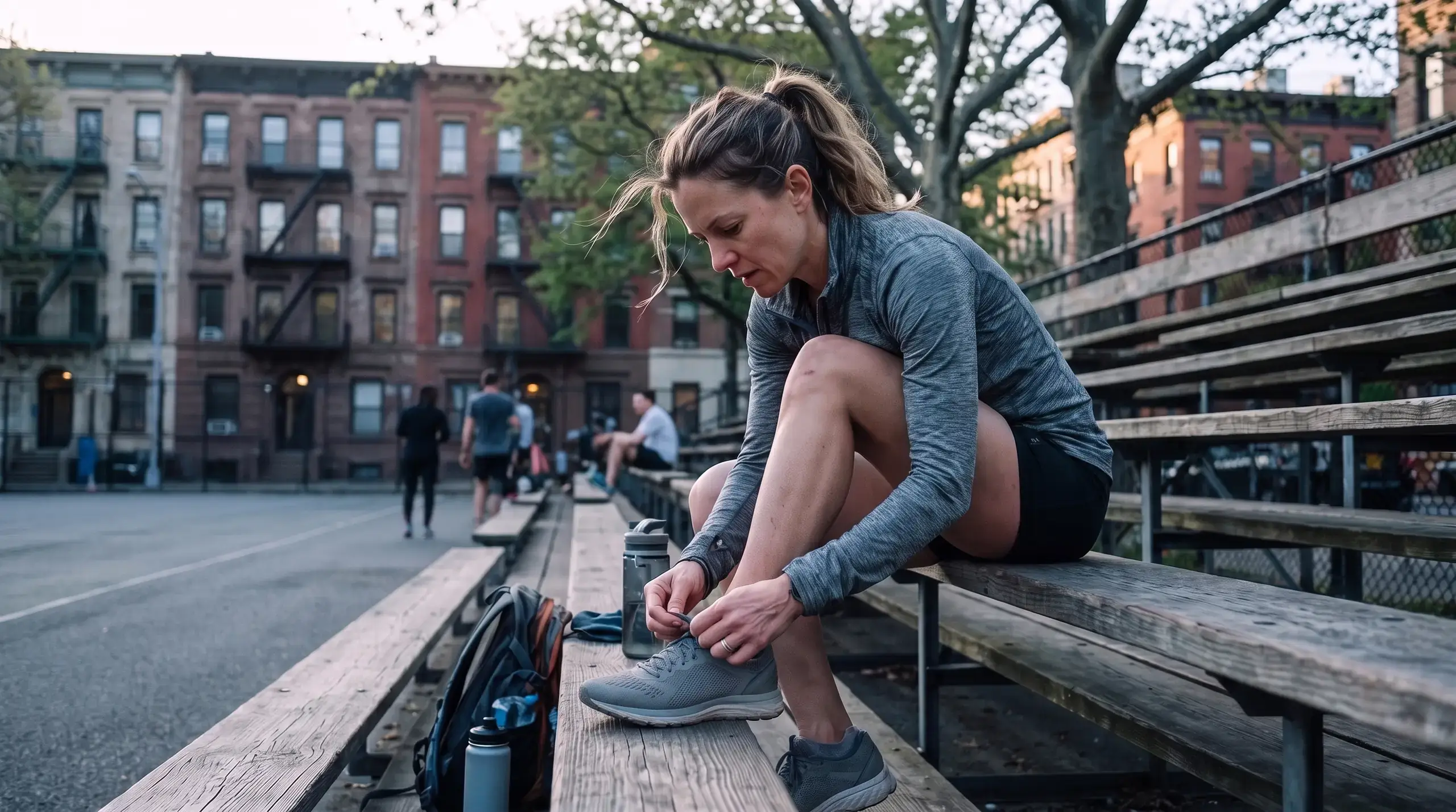 Runner lacing her shoes on the bleachers of a New York public track before a race