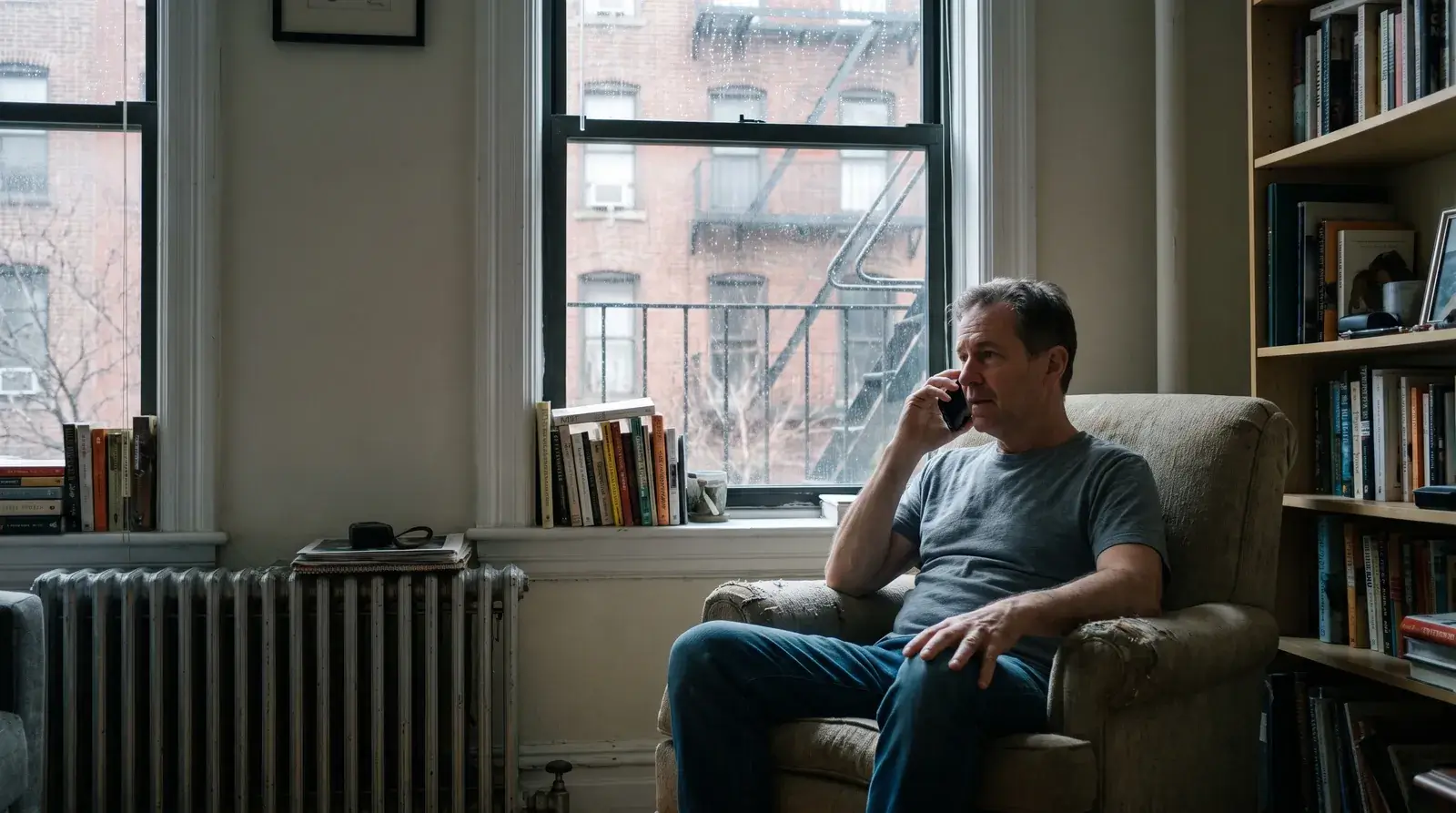 Man in an armchair by his apartment window on a phone call, listening