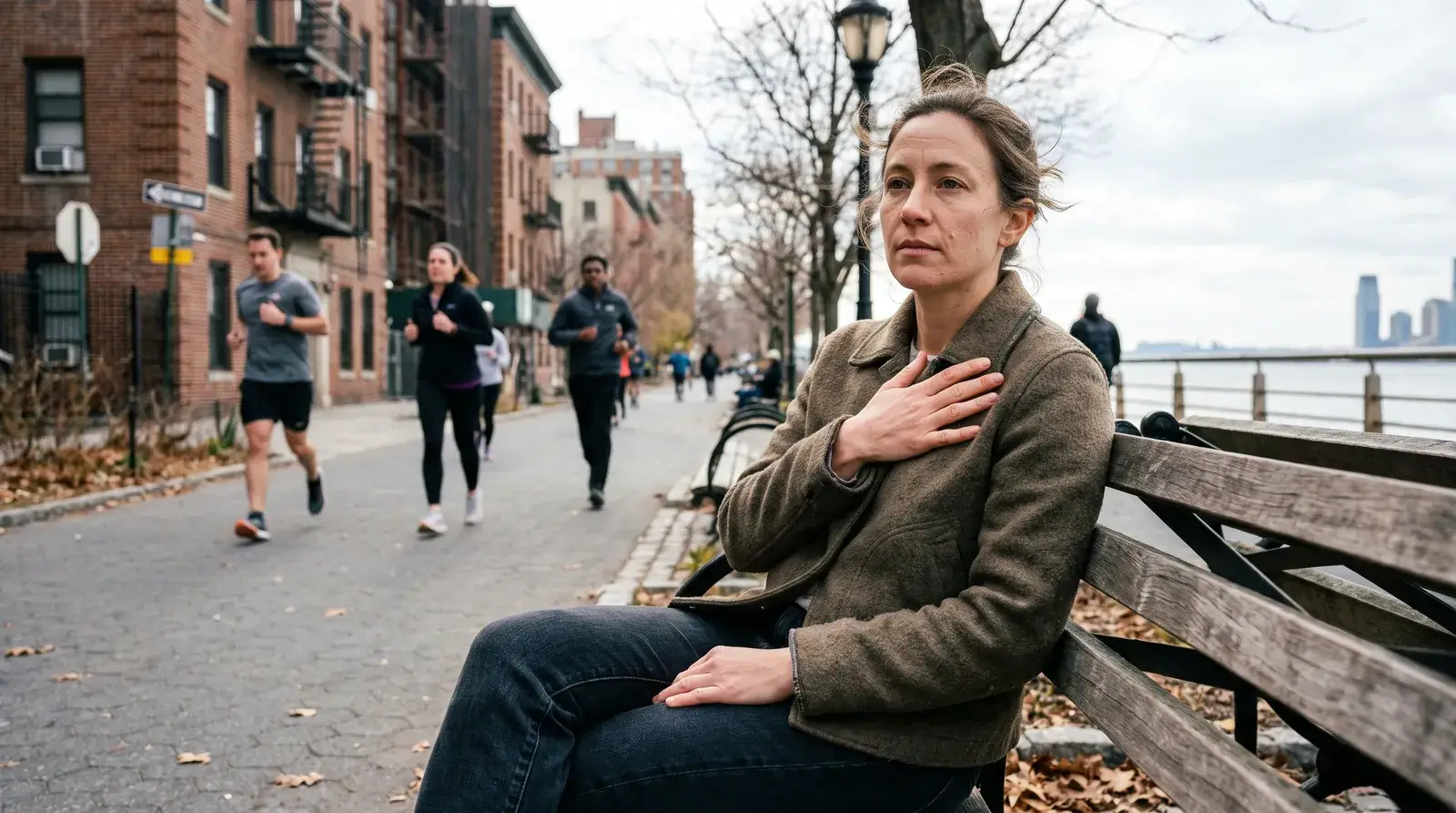 Woman on a riverside park bench with a hand on her chest, taking a slow breath as runners pass