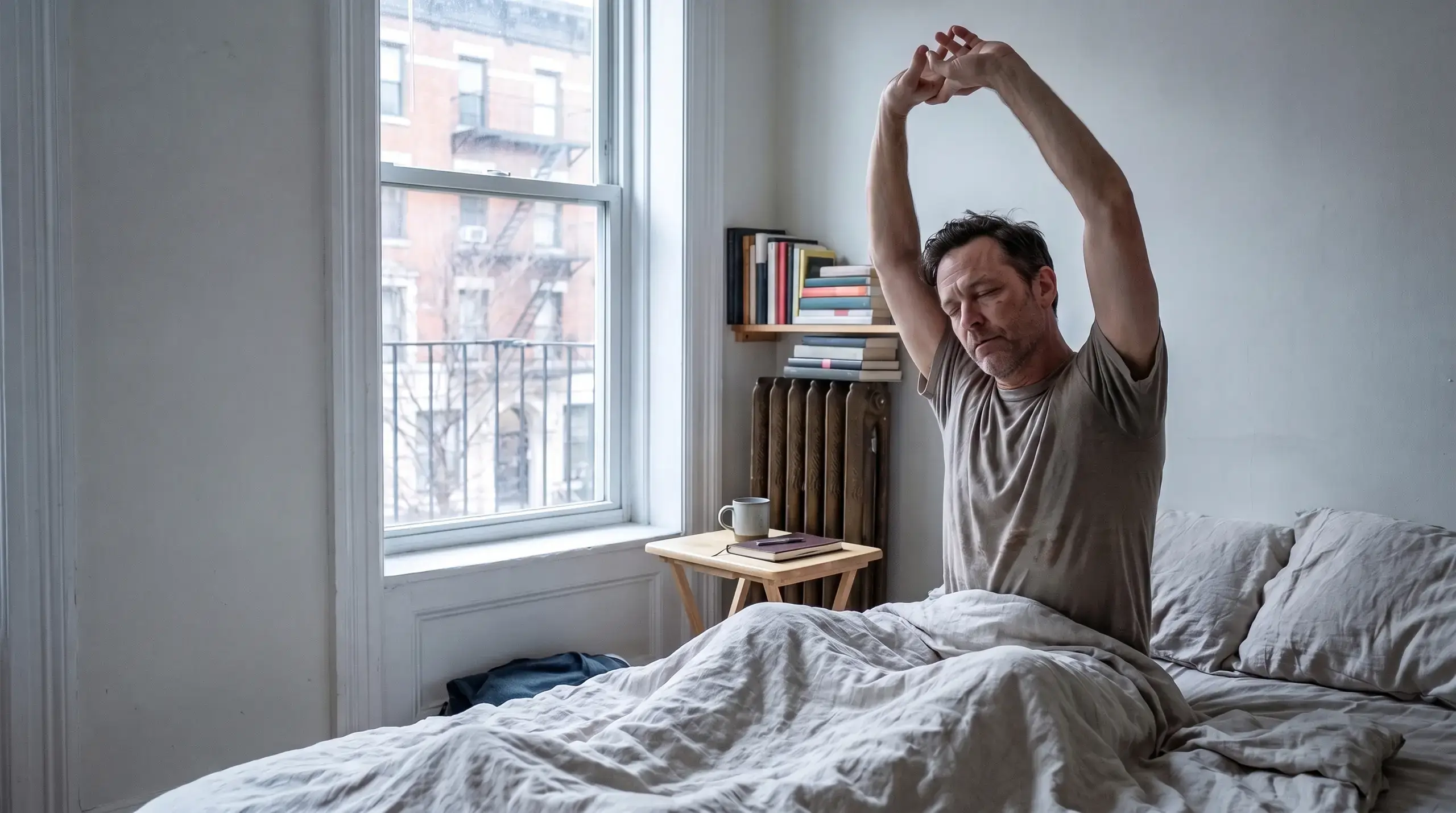Man stretching as he wakes rested in a calm walk-up bedroom with morning light at the window
