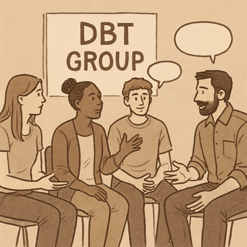 DBT group therapy session showing interactive discussion